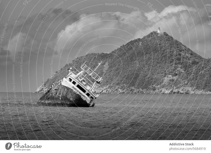 Schiffswrack am abgelegenen schwarz-weißen Strand - Nordküste Schiffbruch schwarz auf weiß gestrandet Foto gebirgig Hintergrund dramatisch Wolken MEER maritim