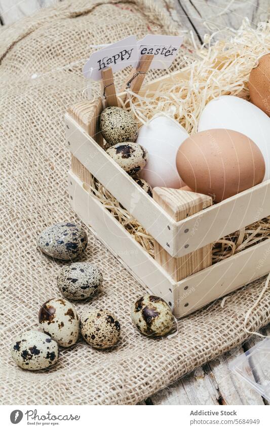 Osterfest mit einer Vielzahl von Eiern in einem Korb Ostern Feier rustikal Sackleinen hölzern Zeichen Varieté Frühling Dekoration & Verzierung festlich Feiertag