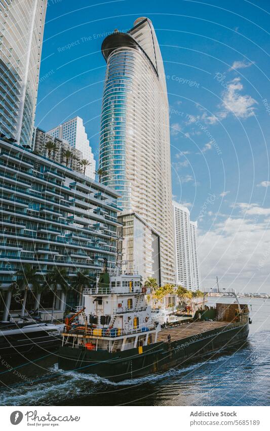 Miamis dynamische Skyline und maritime Szene Florida USA Wolkenkratzer Architektur Gebäude Ladung Schiff Stadtbild modern urban Wasser Flussufer hafen Verkehr