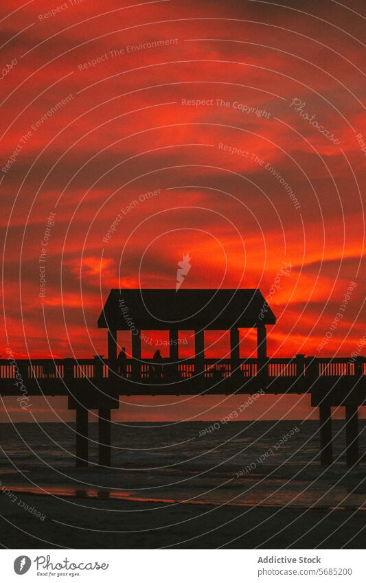 Feuriger Sonnenuntergangshimmel über Miami Pier Florida USA rot orange Himmel Silhouette pulsierend Tonung Illumination Abenddämmerung Hafengebiet Meer Natur