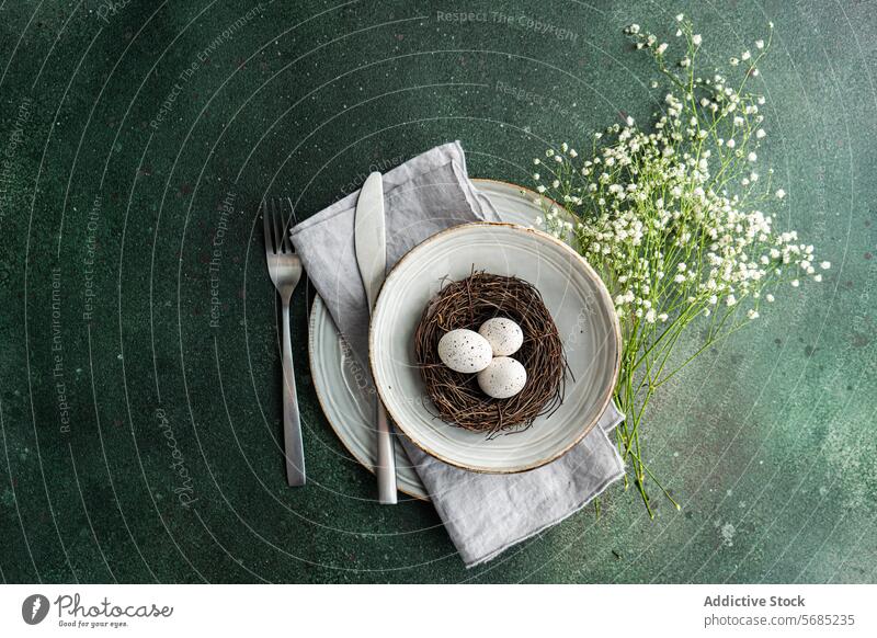 Eleganter Frühlingstisch mit Nest und Eiern Tisch Einstellung gefleckt Geschirr Blumenstrauß Schleierkraut elegant künstlerisch mehrschichtig Gabel Messer