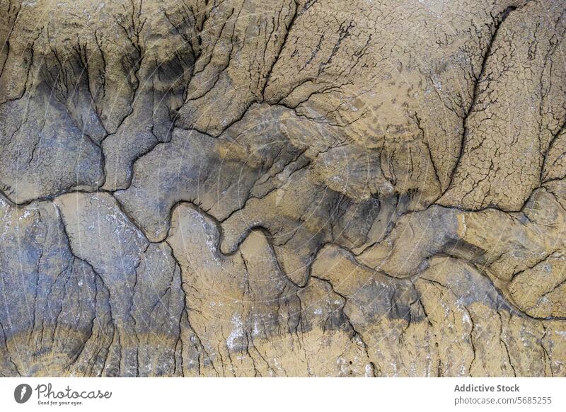 Luftaufnahme eines ausgetrockneten Flussbetts mit tiefen Erosionsmustern und Rissen in der Wüste von Utah, die dramatische Erdtexturen erkennen lassen Antenne