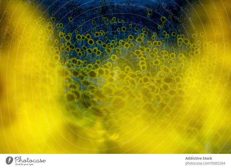Ein strukturiertes Overlay vermittelt den abstrakten Eindruck eines Sonnenblumenfeldes mit einer Mischung aus tiefen Blautönen und leuchtenden Gelbtönen Feld