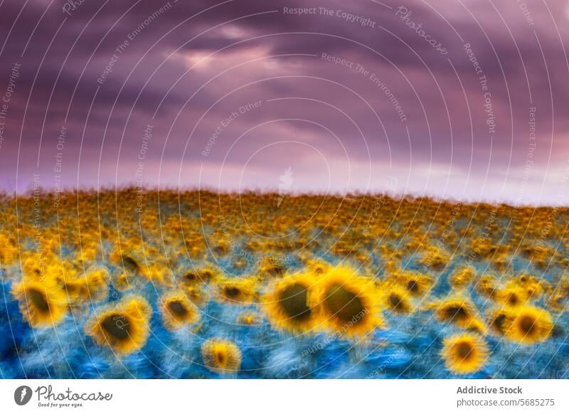 Eine impressionistische Ansicht von Sonnenblumen unter einem stürmischen Himmel, in dem sich leuchtende Gelbtöne und stimmungsvolle Blautöne mischen lebhaft