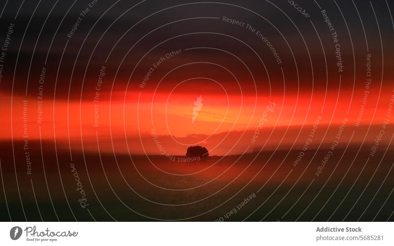 Eine einsame Baumsilhouette steht vor einem dramatischen Farbverlauf des Sonnenuntergangs, umhüllt von Nebel einsiedlerisch Silhouette Steigung Farben