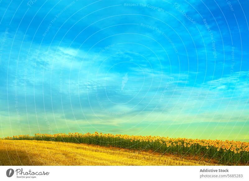 Eine lebendige Landschaft mit einem klaren blauen Himmel über einem Sonnenblumenfeld, das sich im goldenen Licht sonnt Feld Blauer Himmel übersichtlich