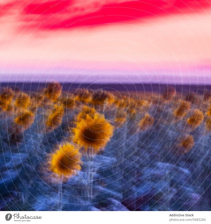 Kräftige Rot- und Violetttöne malen den Himmel über einem verschwommenen Sonnenblumenfeld in der Abenddämmerung und schaffen eine surreale Landschaft Feld rot