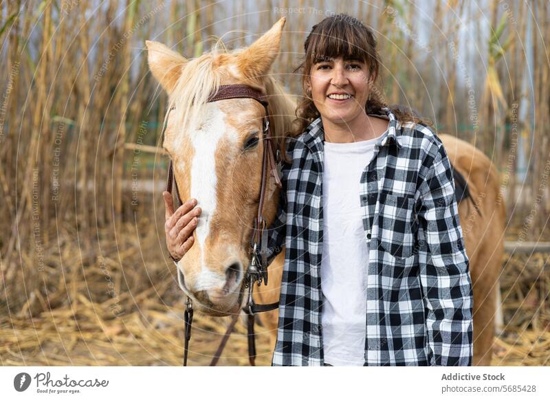 Porträt einer Frau mit ihrem hübschen Pferd, bereit zum Reiten Erwachsener Tier schön Zaumzeug braun Pflege streichelnd Kaukasier Nahaufnahme Dressur Reiterin