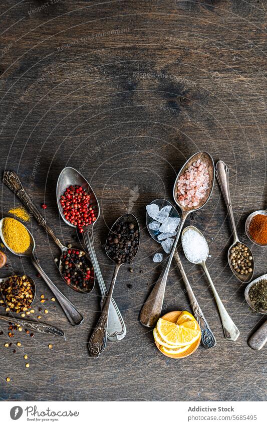 Gemischte Gewürze und Samen in Löffeln auf rustikalem Holz Lebensmittel Flachlegung farbenfroh Bestandteil Essen zubereiten kulinarisch Varieté Ordnung hölzern