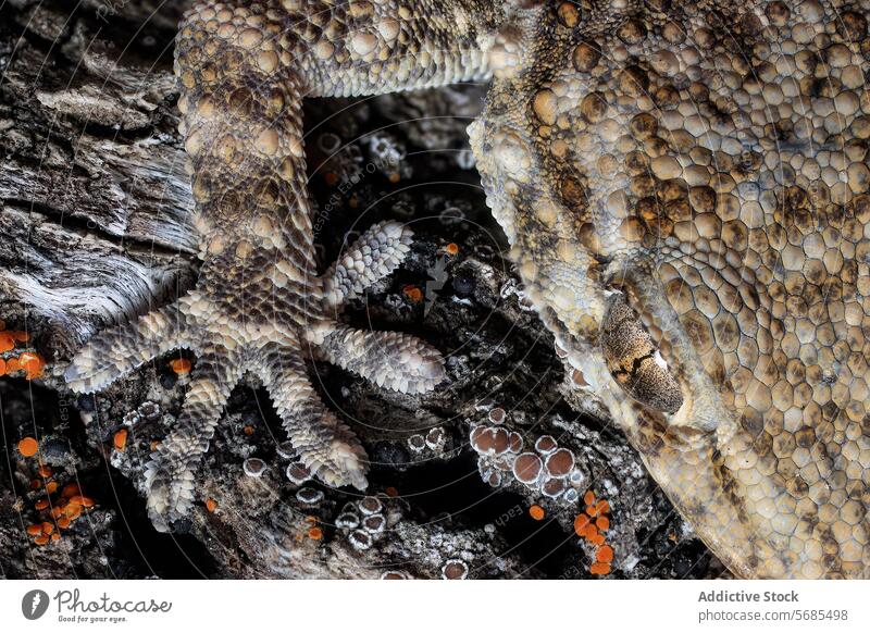 Nahaufnahme einer Tarentola mauritanica auf strukturierter Rinde Gecko Textur Haut Skala Makro Detailaufnahme Reptil Arten Kleiner Gecko Tier Tierwelt Fauna