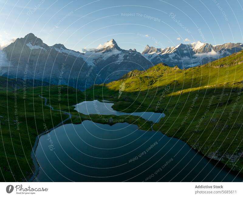Alpine Gelassenheit bei Sonnenuntergang über dem Bachalpsee alpin bachalpsee See Schweiz Alpen Berge Schnee Spitzenwerte Grün Landschaft Natur malerisch ruhig