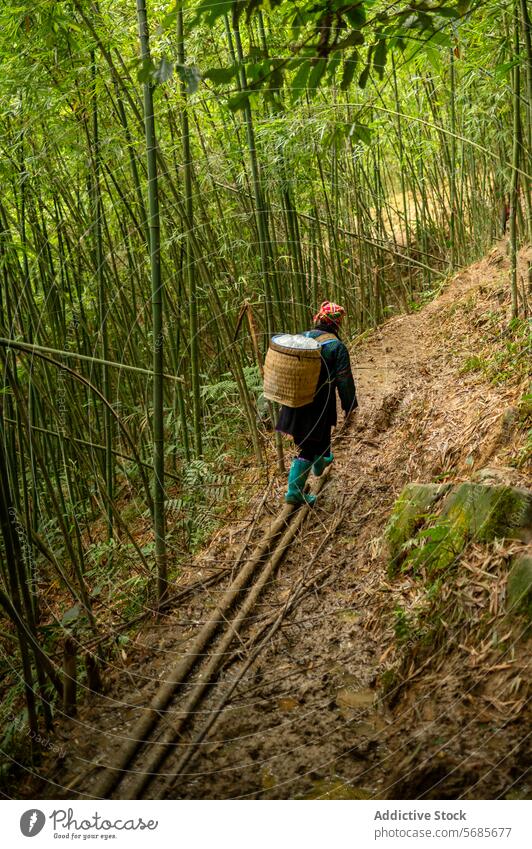 Anonymer Wanderer auf einem Bambuspfad Person Spaziergang Weg Landschaft Korb Vietnamesen Fußweg Sightseeing Regenstiefel Reisender Natur Stiefel Garten