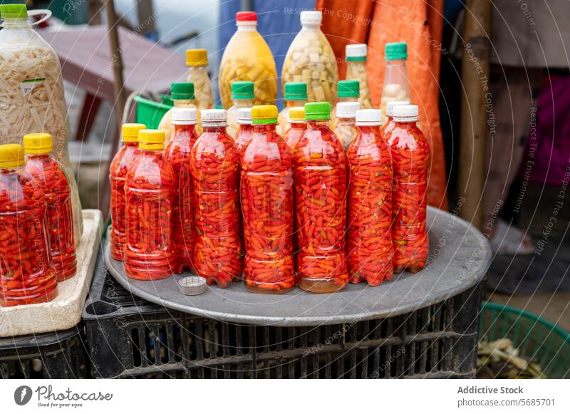 Plastikflaschen mit eingelegtem rotem Paprika roter Chili Verkaufswagen Würzig Pickles Flasche heiß lokal sortiert Straße Basar Laden Lebensmittel Bestandteil