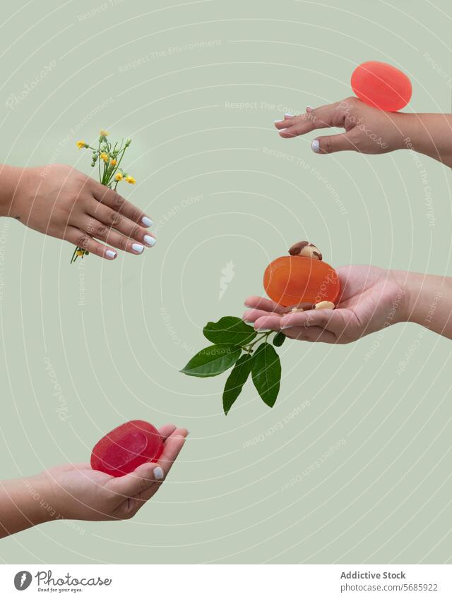 Verschiedene Naturseifen in Menschenhänden präsentiert Hand natürlich Seife Hygiene umweltfreundlich farbenfroh durchscheinend Blume Blumenstrauß Hautpflege