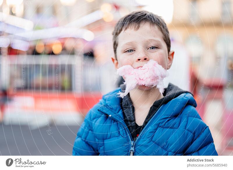 Glücklicher Junge, der mit Zuckerwatte im Gesicht in die Kamera schaut, genießt einen lustigen Tag auf dem Jahrmarkt Spaß Vergnügen Leckerbissen süß Klebrig