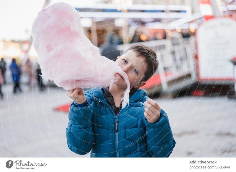 Junge in blauem Mantel isst spielerisch Zuckerwatte auf einem Jahrmarkt mit Fahrgeschäften im Hintergrund und schaut in die Kamera Essen Karneval reitet süß