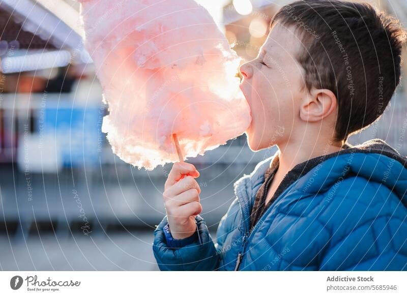 Seitenansicht eines entzückten kleinen Jungen in einer blauen Jacke mit geschlossenen Augen, der in einem Vergnügungspark in riesige Zuckerwatte beißt Biss