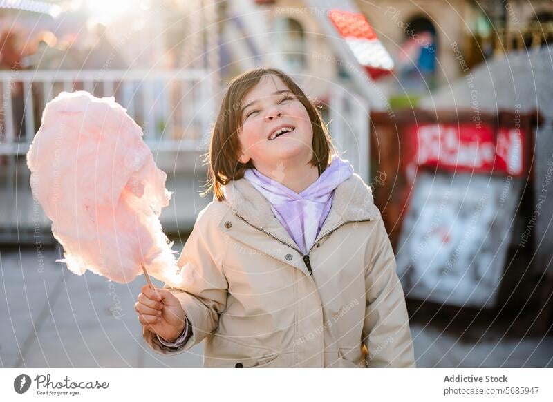 Fröhlich lächelndes Mädchen mit geschlossenen Augen, das eine große Zuckerwatte auf einem sonnigen Jahrmarkt hält Lächeln Messegelände Vergnügen Leckerbissen