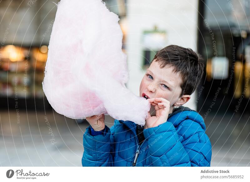 Ein Junge in einer blauen Jacke schaut in die Kamera und beißt in eine flauschige rosa Zuckerwatte beißend fluffig Geschmack Snack Konfekt süß zuckerhaltig