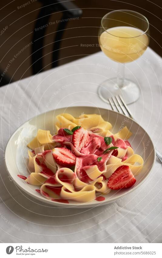 Gourmet-Nudeln mit Erdbeersauce und frischen Beeren Spätzle Erdbeeren Sahnesauce Frucht Minze Garnierung stilvolle Platte Weißwein Glas Feinschmecker Speise
