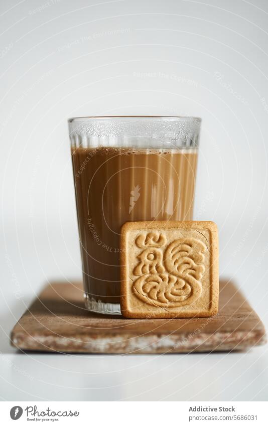 Ein Glas Kaffee mit einem quadratischen Keks auf einem Holzteller Tee Latte Biskuit hölzern Untersetzer Bierschaum cremig warm gemütlich übersichtlich rustikal