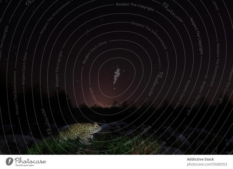 Seitenansicht eines Frosches vor dem Hintergrund eines Nachthimmels mit sichtbaren Sternen und einem sanft leuchtenden Horizont Nahaufnahme Netzhaut Natur