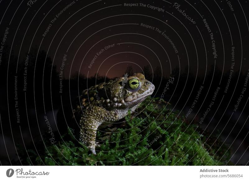 Nahaufnahme eines Frosches vor dem Hintergrund eines Nachthimmels mit sichtbaren Sternen und einem sanft leuchtenden Horizont Netzhaut Natur Tierwelt nachtaktiv