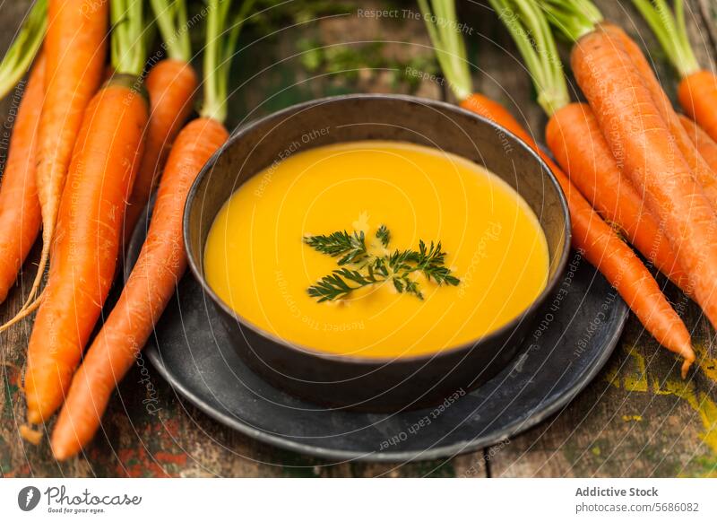 Karottensuppe in einer schwarzen Schale mit frischen Karotten Möhre Suppe Schalen & Schüsseln Petersilie hölzern Oberfläche Lebensmittel Gemüse orange