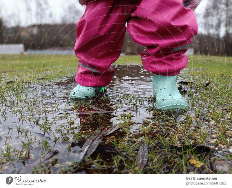 Beine eines Kleinkindes in Gummistiefeln und Matschhose, das durch eine Pfütze geht. Kind Regen Wetter nass trist Winter Herbst Regenwetter schlechtes Wetter