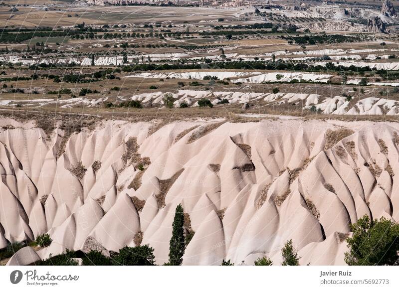 Junge Feenkamine in der Entstehung, Auswirkungen der Wassererosion auf vulkanisches Arenitgestein in Kappadokien, Türkei Feenhafte Schornsteine jung Felskapuze
