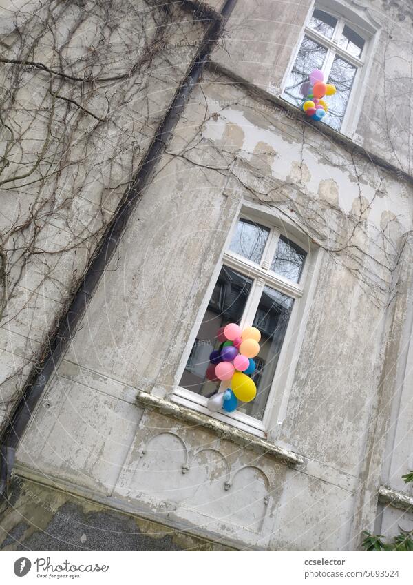 Bunte Luftballons befestigt an zwei Fenstern eines Altbaus aus der Gründerzeit. Altbauwohnung Geburtstag Altbauten Gruenderzeithaus bunt Gentrifizierung