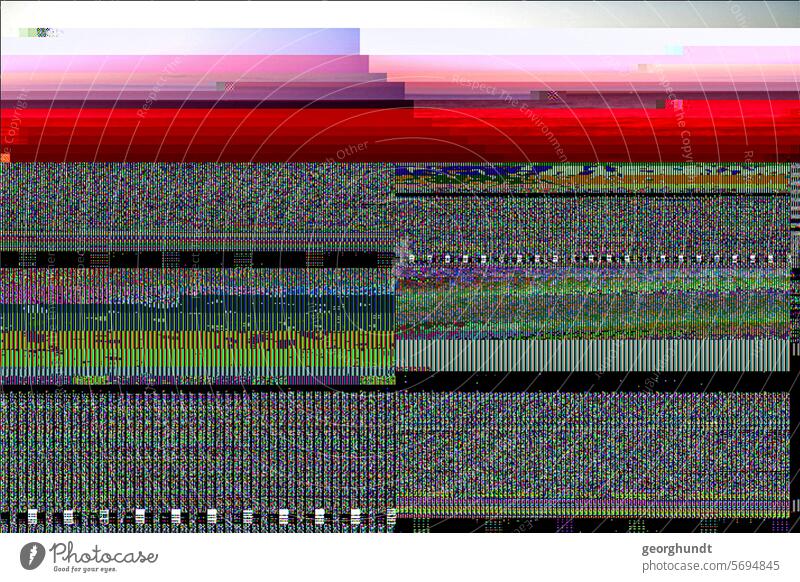 Falsch gerechnetes Foto, mit farbigen, verpixelten Streifen. Zeilenweise und in meist in rot. Die untere Bildhäfte hat vertikale Streifen mit einzelnen Pixeln in verschiedenen Mustern.