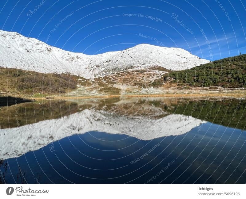 Schneeberg und grasgrün im Bergsee gespiegelt schnee spiegelung natur schauspiel klarheit