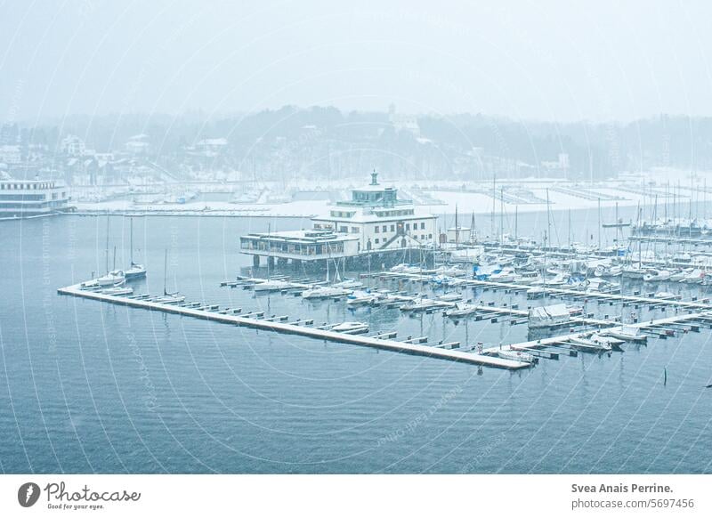 Oslo im Schnee Norwegen Wasser Stadt Hafen Hafenstadt reisen Winter kalt verschneite Meer urban