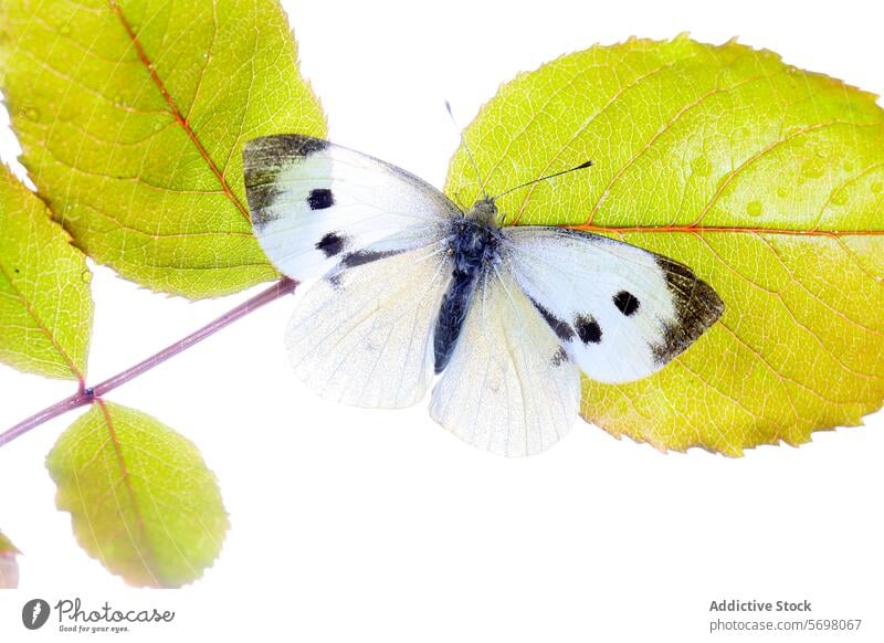 Kohlweißling auf lebhaftem Blatt Insekt Schmetterling Weißkohl pieris rapae Flecken grün Natur filigran Flügel gehockt pulsierend Nahaufnahme Flora Fauna wild