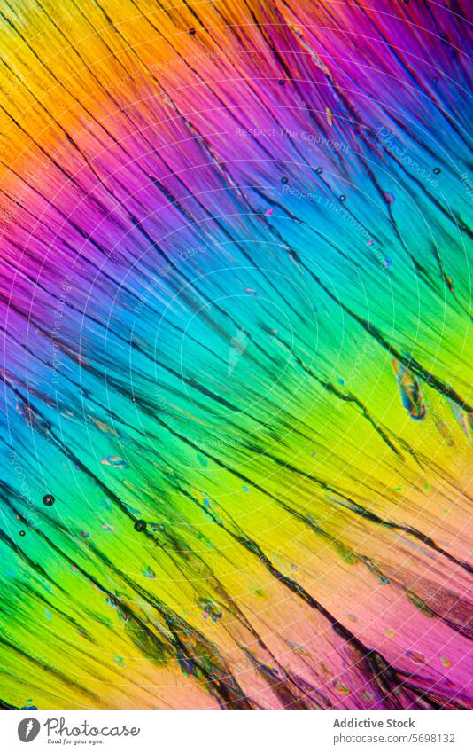 Ein lebhaftes, regenbogenfarbenes Streifenmuster aus Erythrit-Zuckerkristallen unter dem Mikroskop mit einem sanften Farbverlauf Erythrin Kristalle Regenbogen