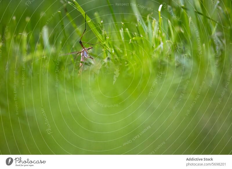 Tipula-Insekt im saftig grünen Gras tipula Schnake Natur Tierwelt im Freien Nahaufnahme Makro Detailaufnahme Klinge Rasen Garten Entomologie Umwelt Wiese Feld