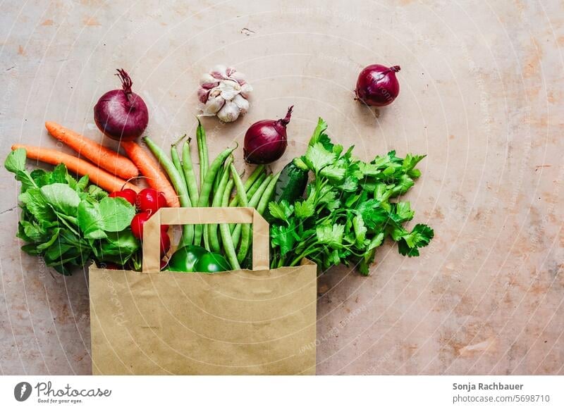 Eine Papier Einkaufstasche gefüllt mit frischen Gemüse Lebensmittel Diät umweltfreundlich Öko Veganer Zwiebel Petersilie Draufsicht roh Foodfotografie