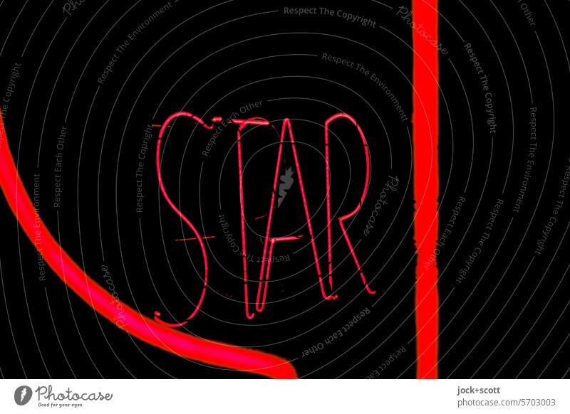 |STAR leuchtet| Star Wort Schriftzeichen Typographie Schilder & Markierungen Neonlicht Hintergrund neutral Großbuchstabe Design Silhouette Leuchtschrift Bokeh