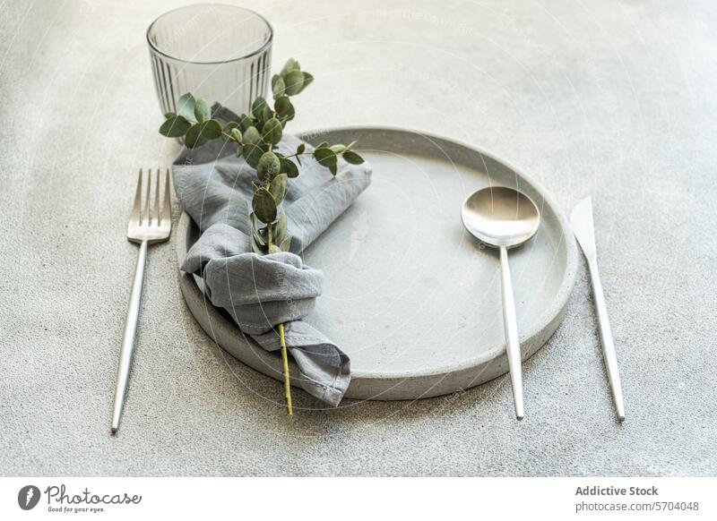 Elegant gedeckter Tisch mit natürlichen Dekoelementen Einstellung elegant modern grau Serviette Besteck Grün Stein Ladegerät Teller Dekor minimalistisch Design