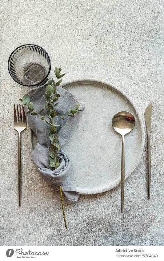 Elegant gedeckter Tisch mit natürlichen Dekorationen Einstellung elegant Teller Silberwaren Gabel Messer Löffel Serviette Grün speisend Raffinesse weiß