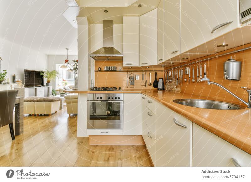 Gemütliche moderne Küche mit Blick auf das Wohnzimmer Innenbereich heimwärts Holz Komfort natürliches Licht gemütlich fließen einladend Raum Design Zeitgenosse