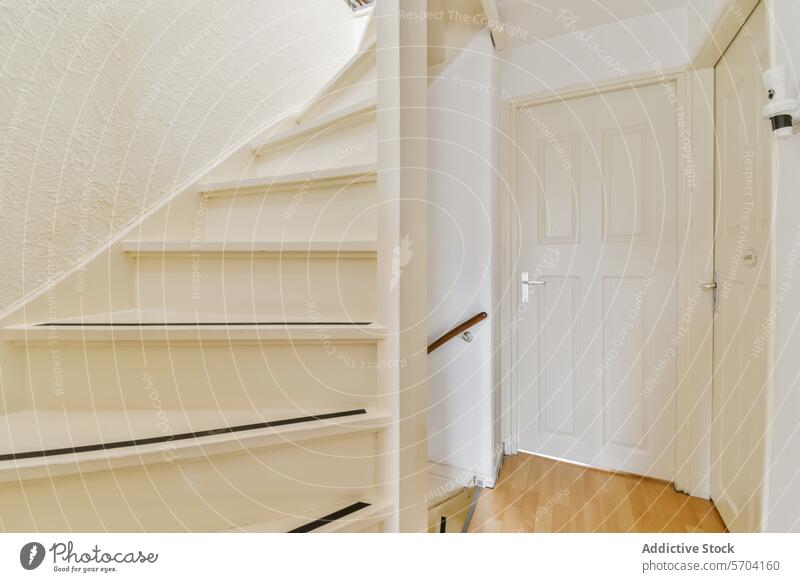 Saubere weiße Treppe und Flur Eingang Treppenhaus Tür Sauberkeit modern heimwärts unverdorben Innenbereich Design Geländer Holz Stock Textur Wand wohnbedingt