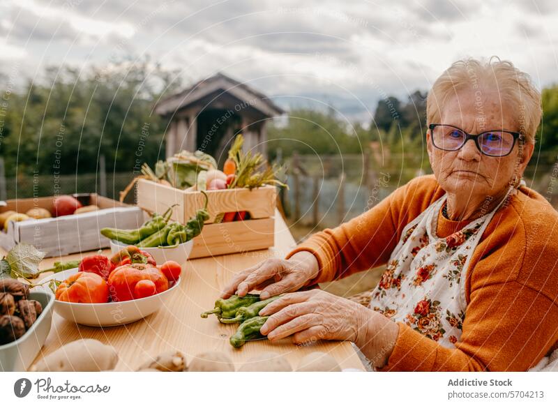 Ältere Frau sortiert Gemüse an einem rustikalen Tisch älter Brille Senior frisch grüne Bohne im Freien Holzkiste Hintergrund Gesundheit Lifestyle Bauernhof