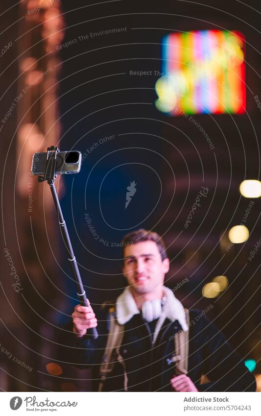 Junger Mann, der Momente mit einem Smartphone auf einem Selfie-Stick mit bunten Lichtern der Stadt im Hintergrund festhält jung Großstadt Nacht erfassend