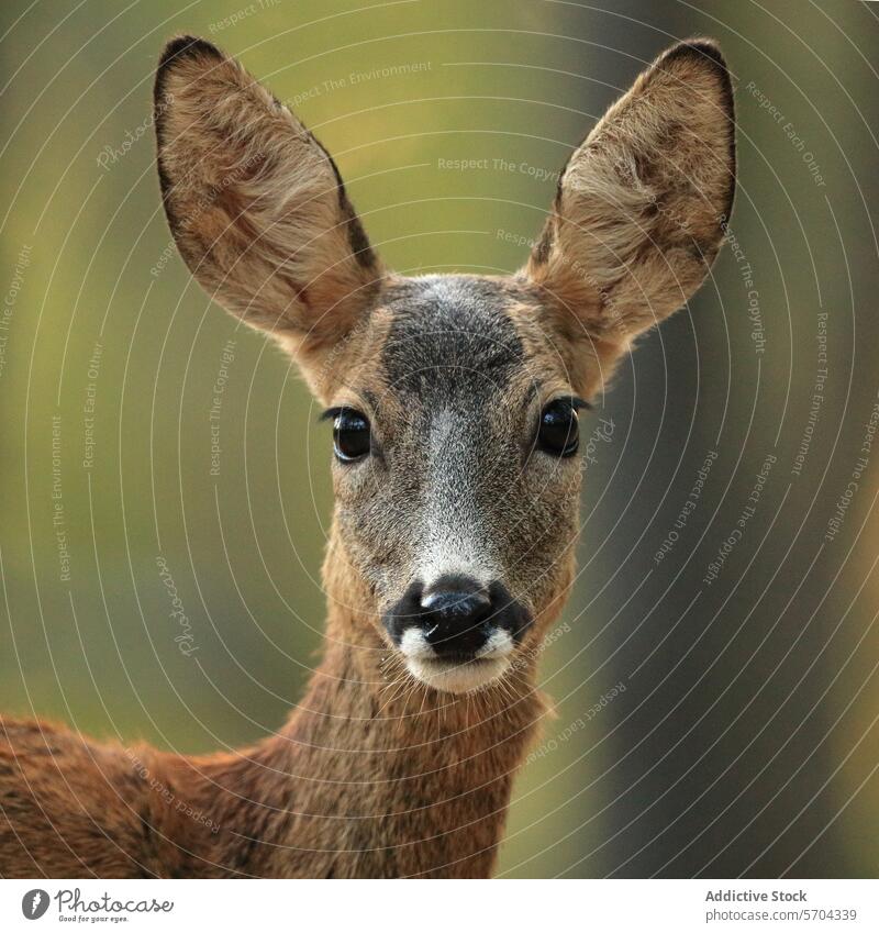 Ein liebenswertes Porträt eines jungen Rehs, das mit großen, ausdrucksstarken Ohren und einem sanften Blick direkt in die Kamera schaut. jugendlich große Ohren
