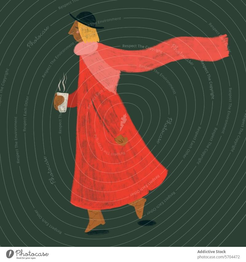 Stilisierte Person in rotem Mantel mit Kaffee an einem kühlen Tag. Generatives AI-Bild Grafik u. Illustration Verdunstung Wärme kalt stilisiert pulsierend Hut