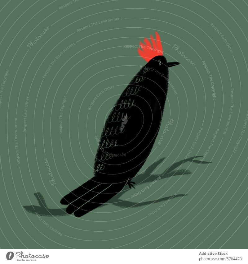 Minimalistische Illustration einer Amsel mit markantem rotem Kamm auf einem gedämpften grünen Hintergrund Grafik u. Illustration minimalistisch Vogel Natur