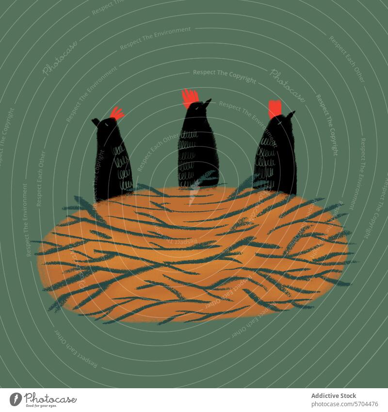 Drei stilisierte Amseln mit roten Kämmen sitzen auf einem Nest auf einem gedämpften grünen Hintergrund Grafik u. Illustration Kamm Vogel Herbst Kunst Natur