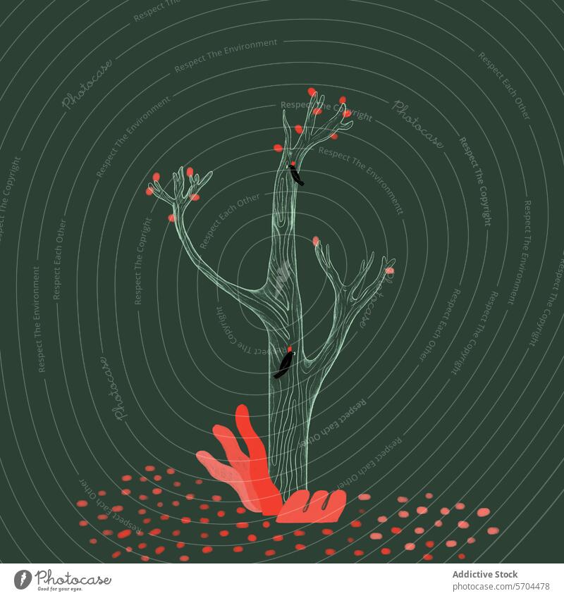 Stilisierte Illustration eines blattlosen Baumes mit roten Beeren und einem schwarzen Vogel vor einem dunkelgrünen Hintergrund Grafik u. Illustration Herbst